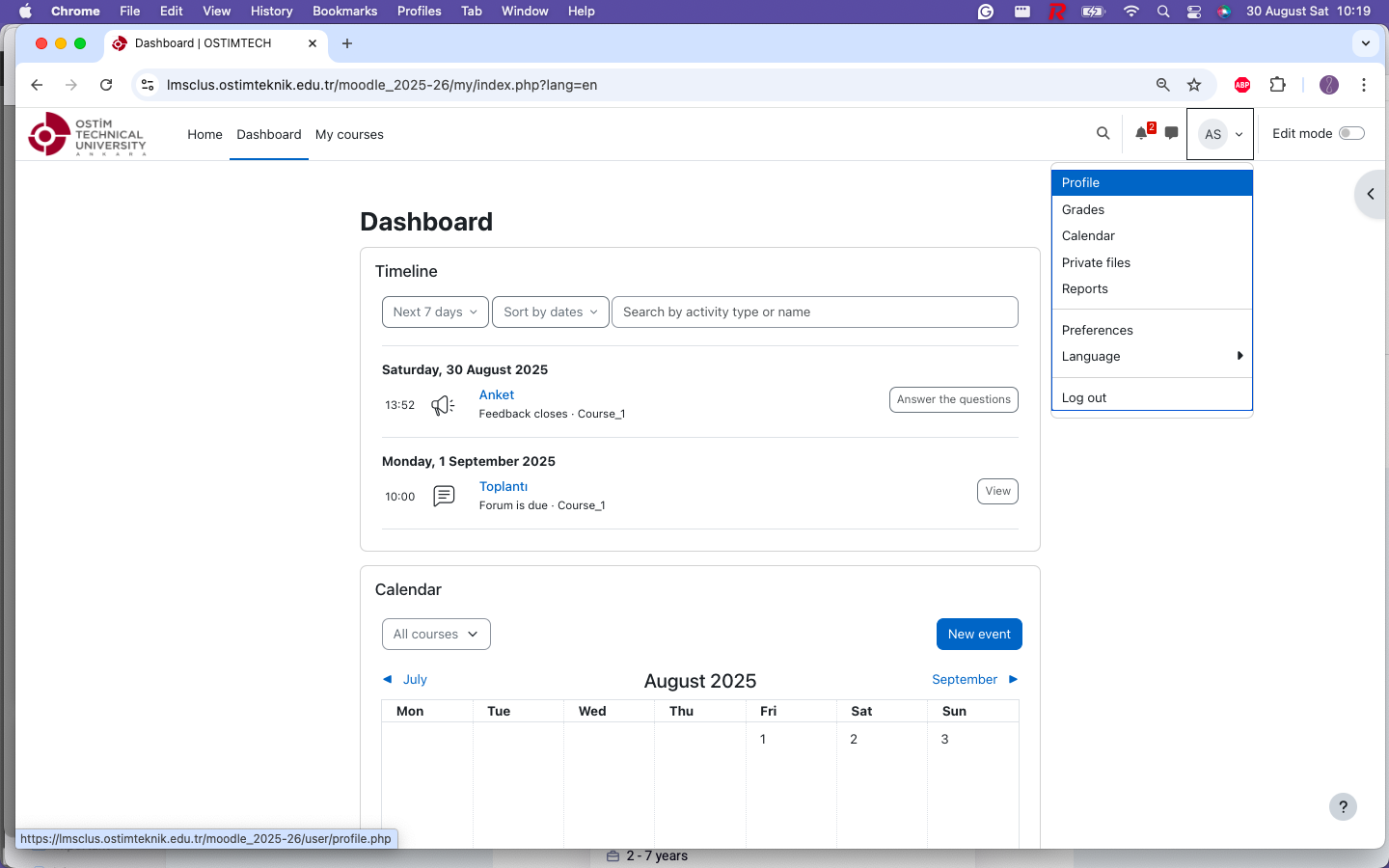 Dashboard and initials menu