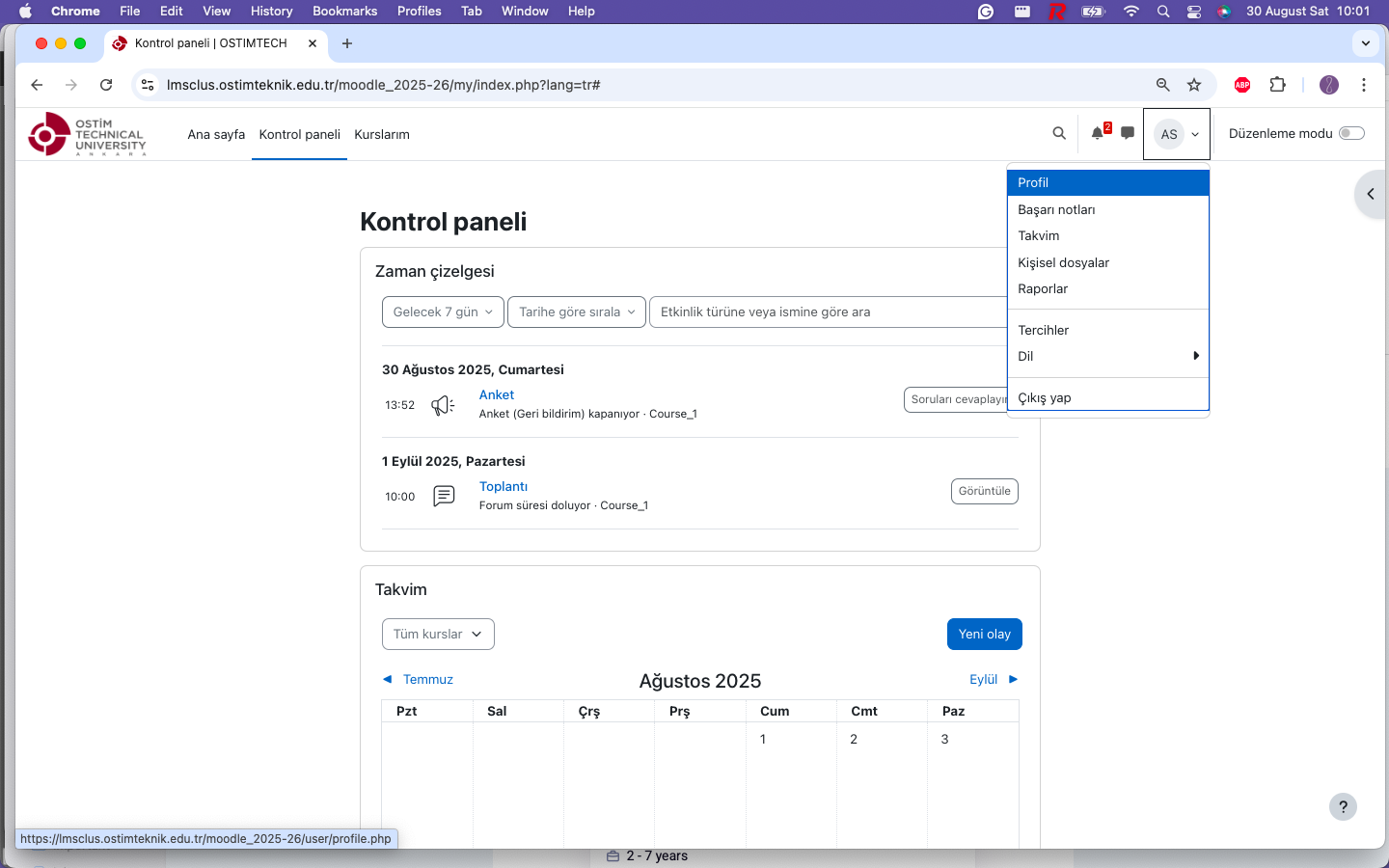 Kontrol paneli ve AS menüsü (TR)